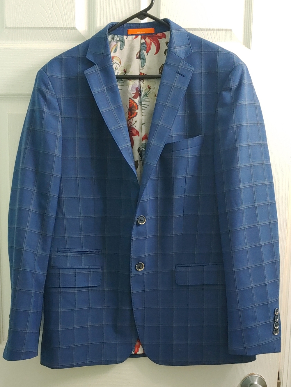 Tallia Men's 40R Blazer Blue Windowpane Two Button Wool Blend Sport Coat